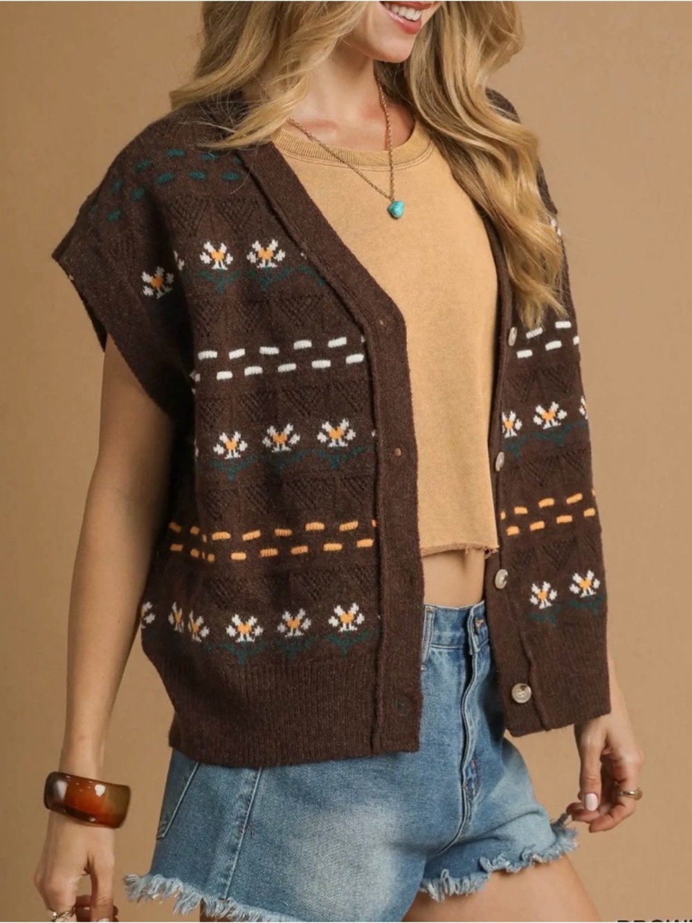 Umgee Brown Short-Sleeve Oversized Floral Patterned Cardigan Vest Women Large